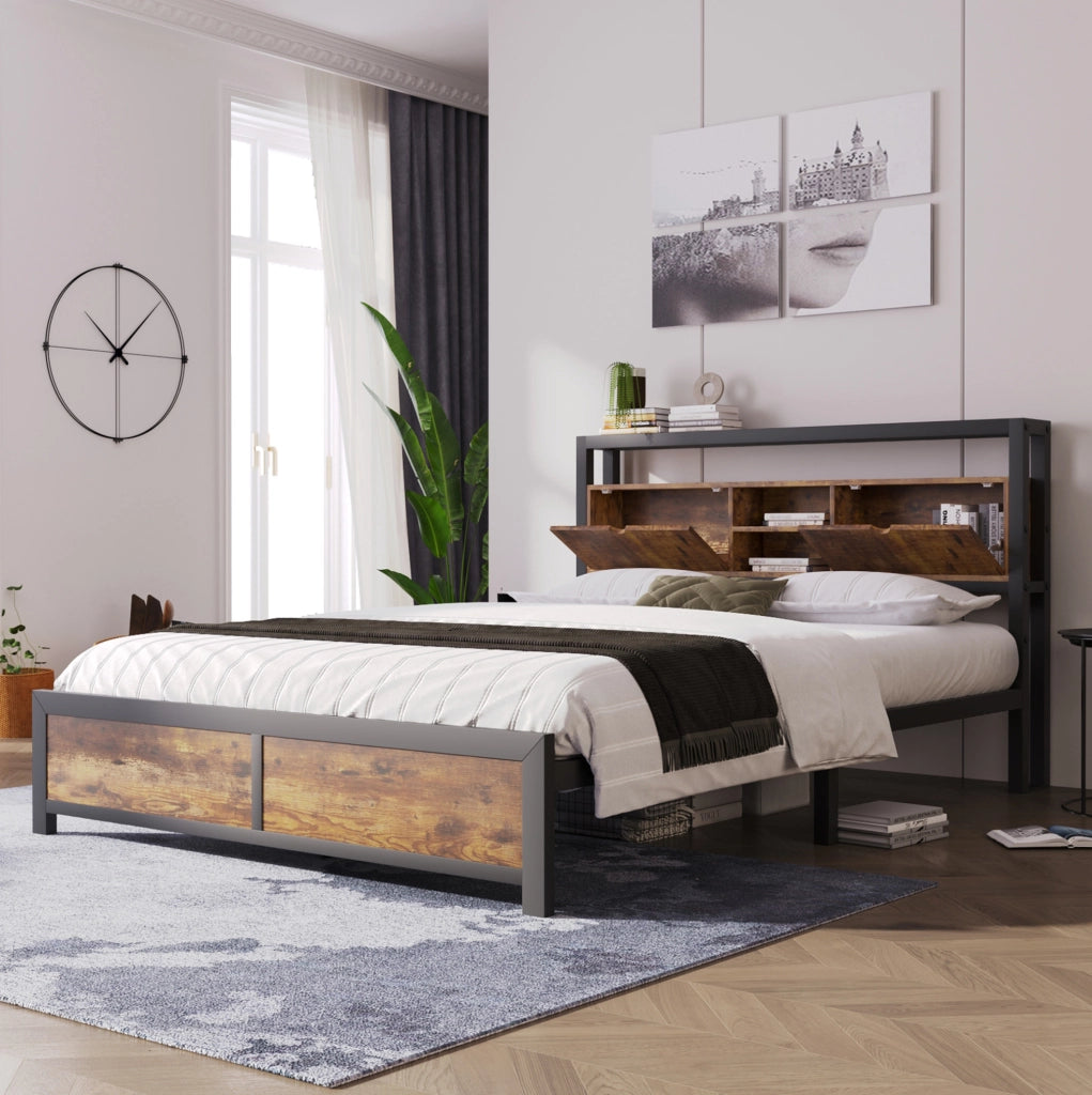 Letto matrimoniale 140x200 cm; testiera contenitore; metallo e MDF; colore naturale (Senza materasso)