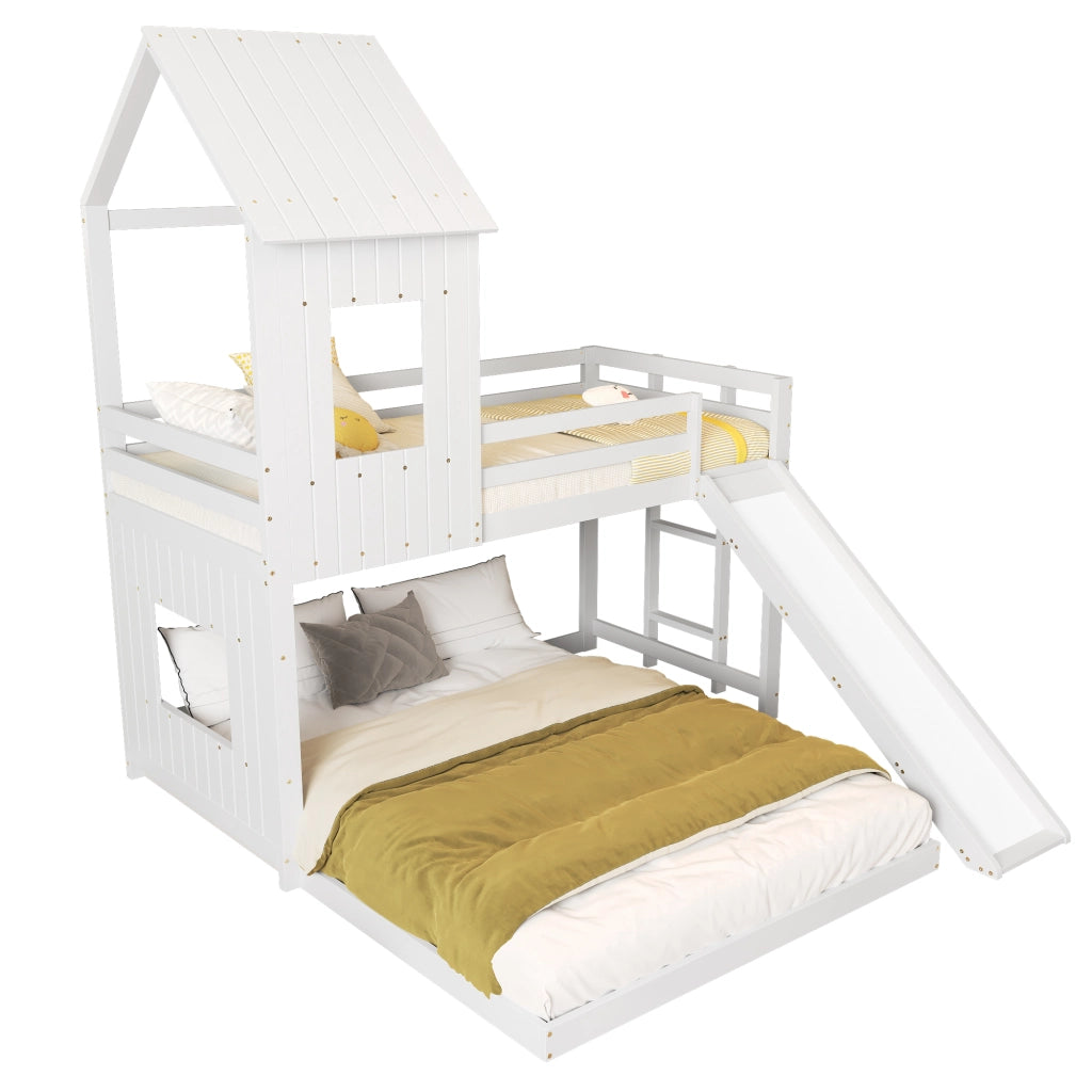 Letto a Castello Letto 3 Posti con Scivolo; Sponda e Scala; 90×200 cm e 140×200 cm; senza Materasso