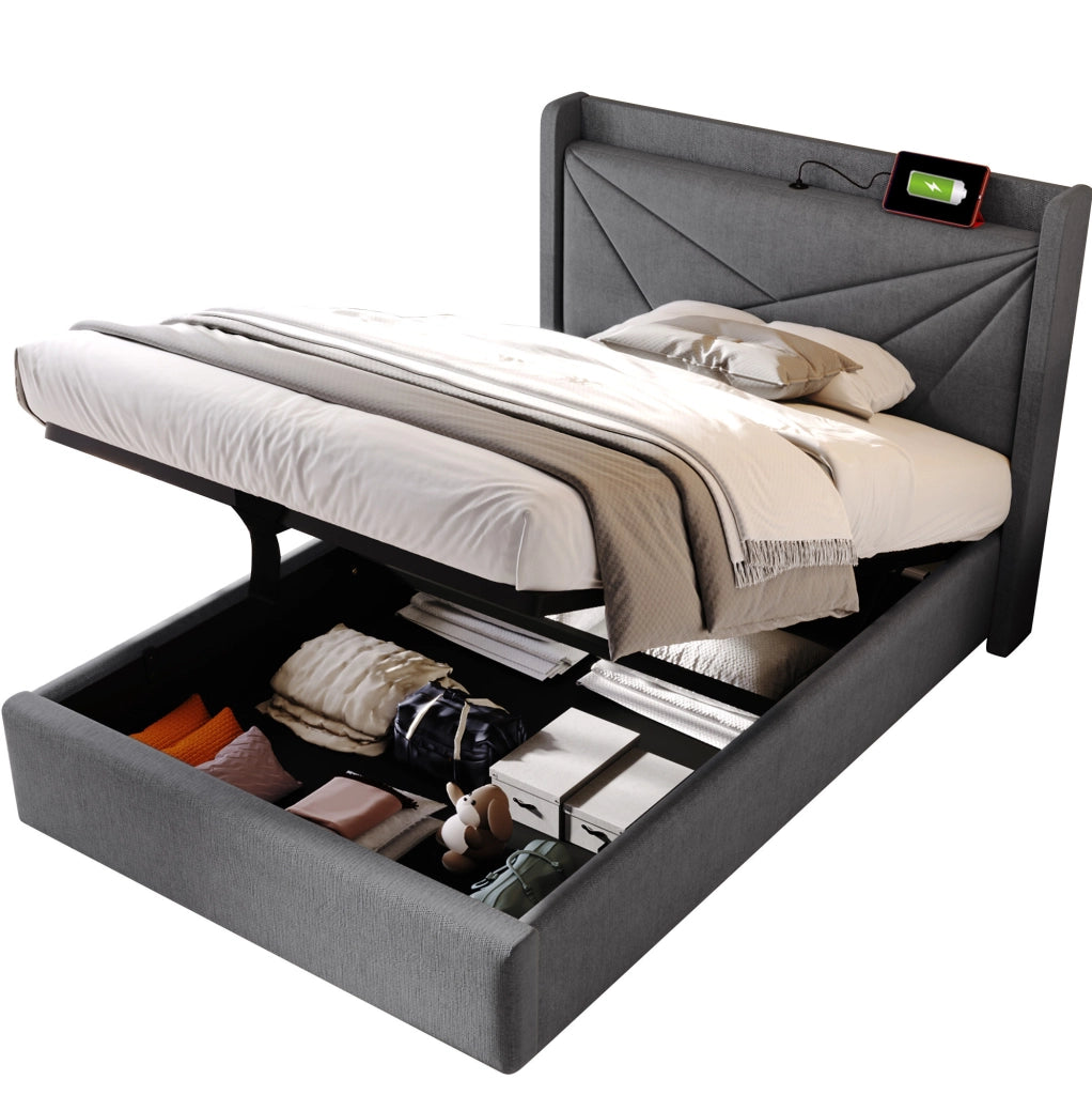 Letto singolo contenitore 90x200 cm con USB C e USB; testiera geometrica; grigio