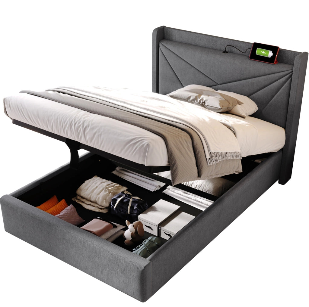Letto singolo contenitore 90x200 cm con USB C e USB; testiera geometrica; grigio