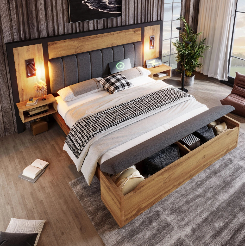 Letto matrimoniale 160 x 200 cm con luci, comodini USB-C e panca contenitore