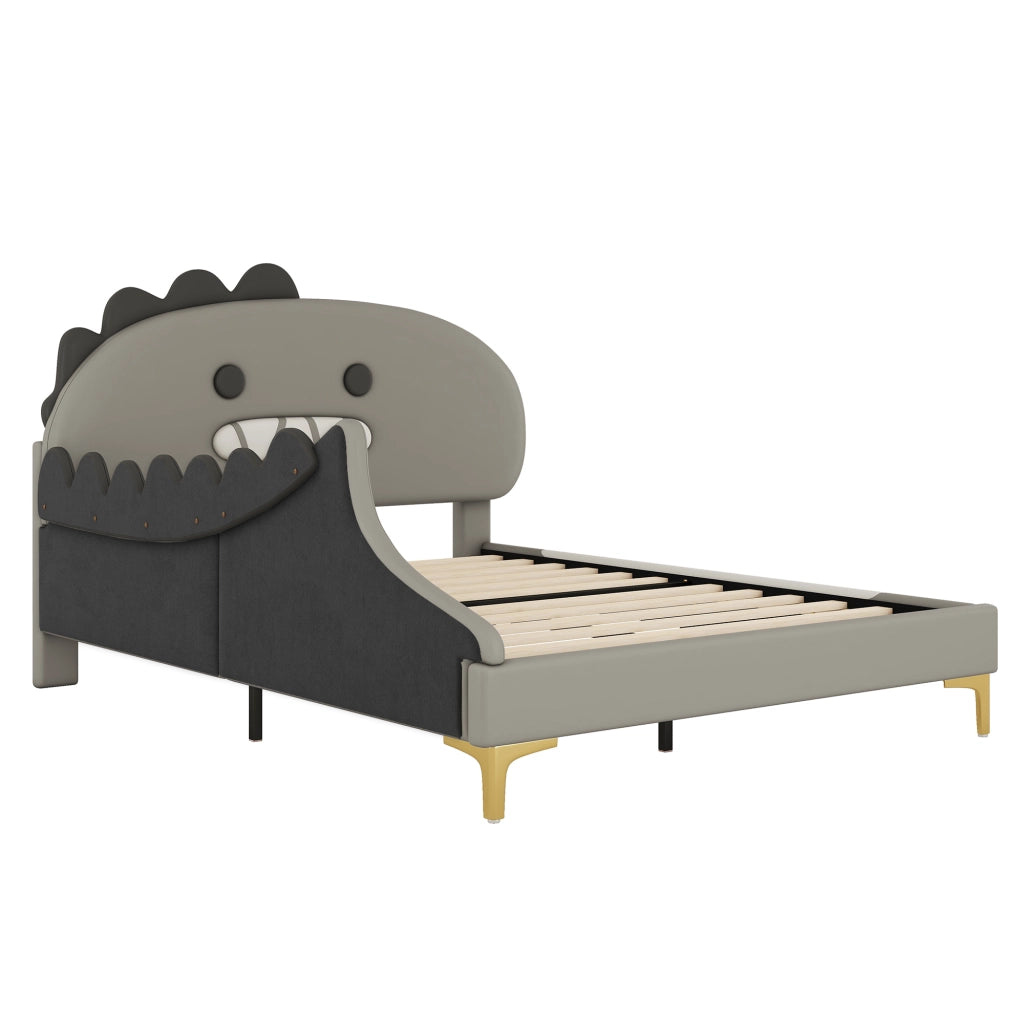 Letto basso per bambini grigio con testiera a forma di dinosauro in PU 140x200 cm