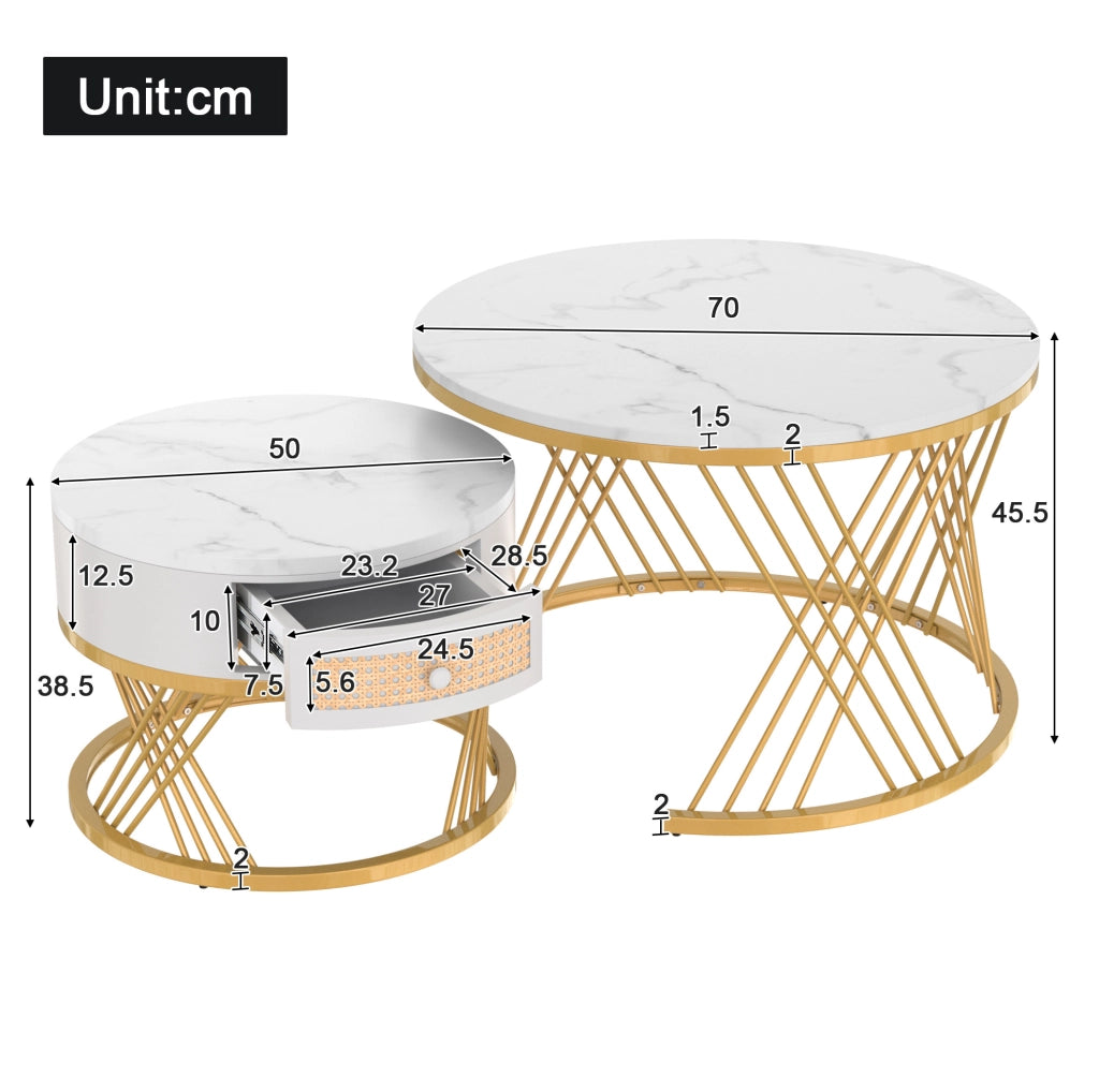 Set di 2 tavolini da salotto rotondi 70/50 cm in MDF bianco con dettagli oro