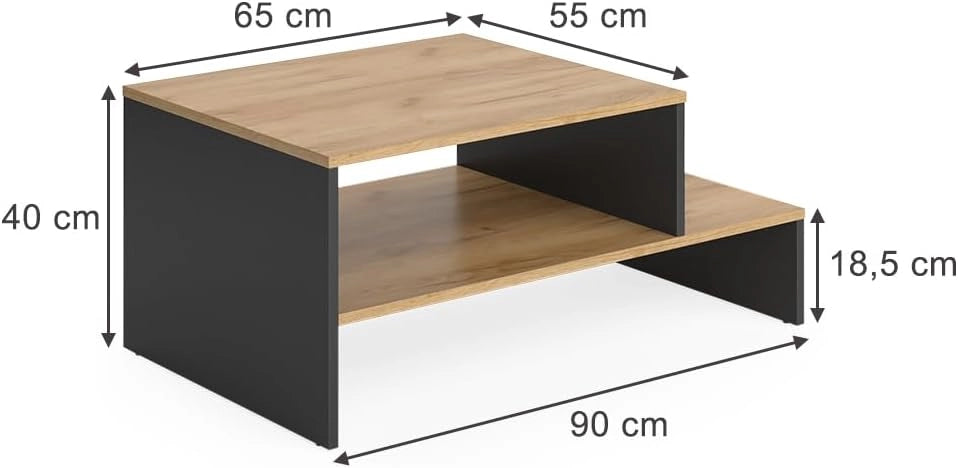 Tavolino da salotto Amely, Quercia dorata/antracite, 90 x 55 cm con ripiano