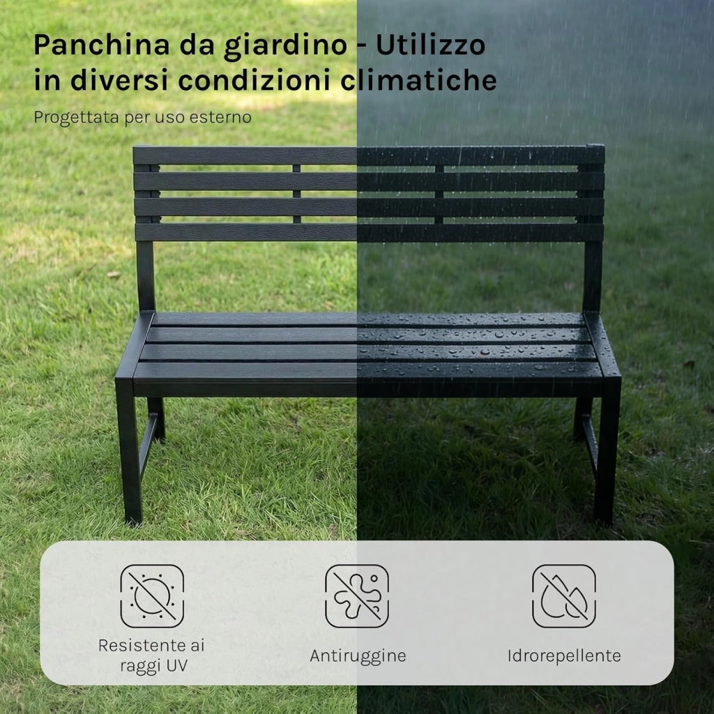 Panca da Giardino 115x55x85 cm, Panchina da Esterno con Schienale Senza Braccioli, 2-3 Posti, Struttura in Metallo, Resistente alle Intemperie, Portata 280 kg, per Cortile, Terrazza, Prato, Nero