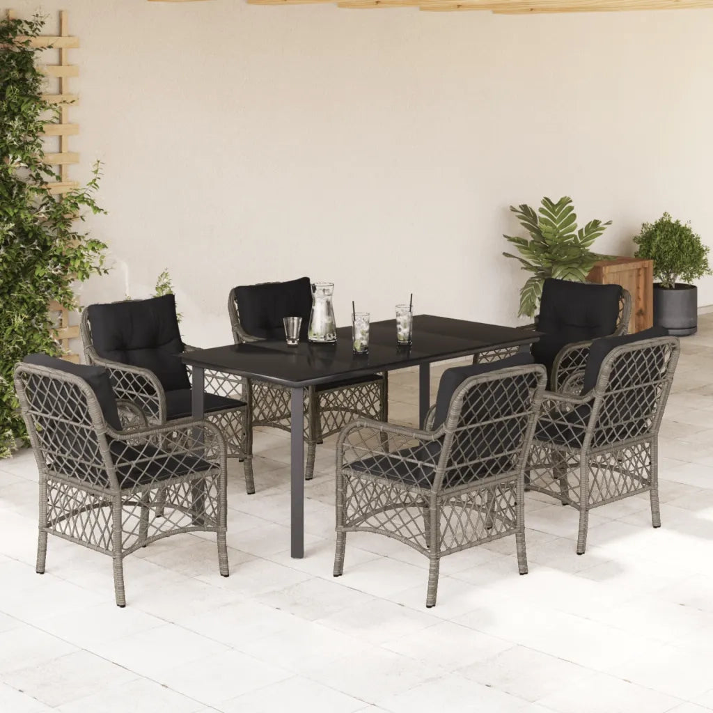 Set da Pranzo da Giardino 7 pz con Cuscini in Polyrattan Grigio