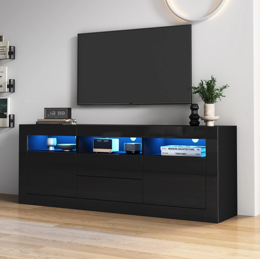 Mobile TV 160x35x60 cm con LED Bluetooth; 2 ante e 2 cassetti in truciolare nero