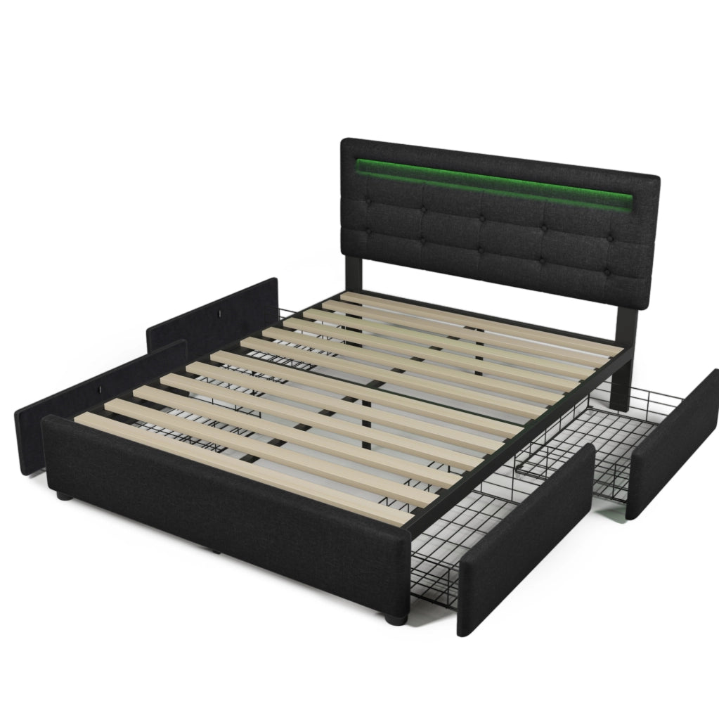 Letto matrimoniale 140x200 cm con LED; 4 cassetti; testiera regolabile; tessuto lino nero