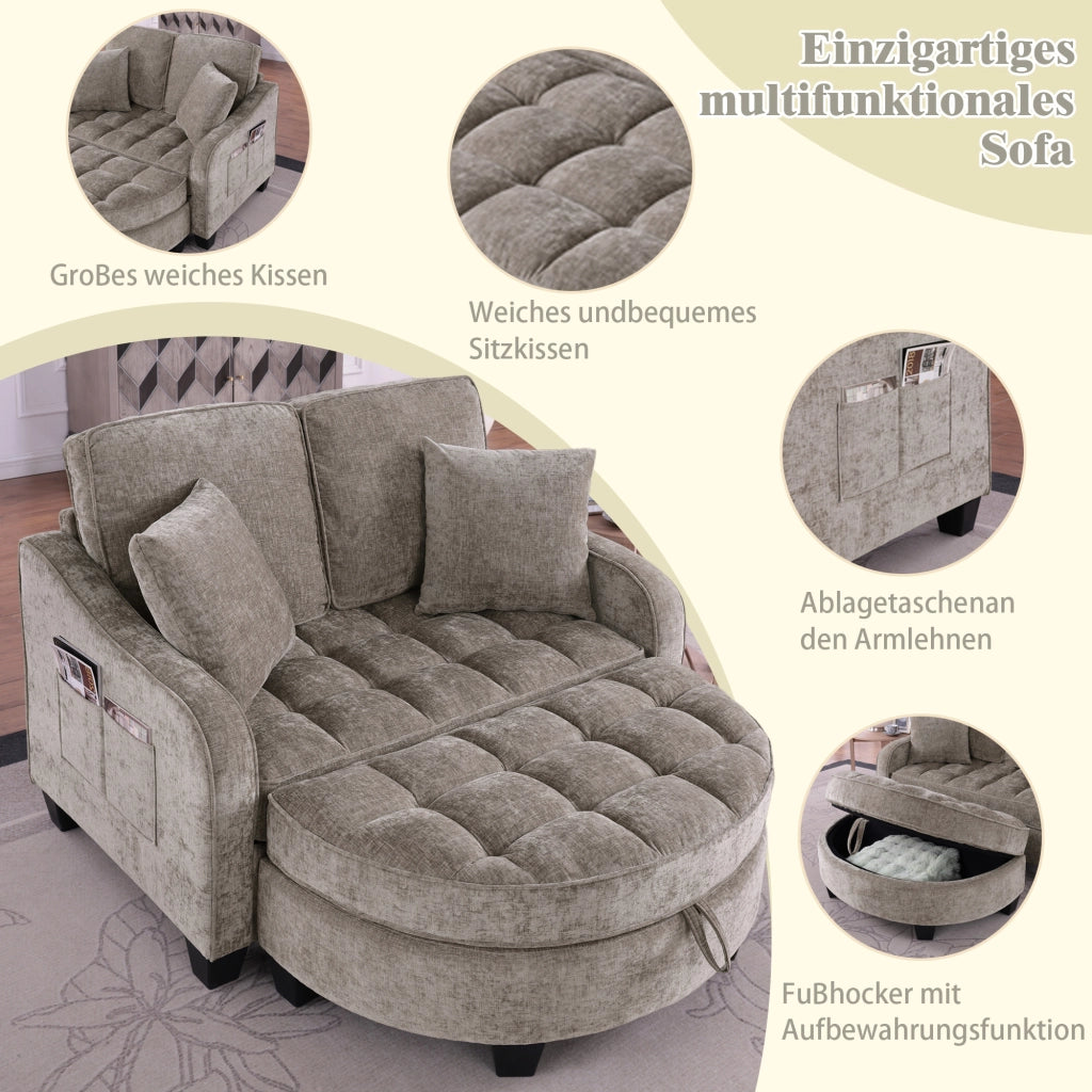 Divano letto convertibile 2-in-1 con pouf contenitore; tessuto traspirante; eucalipto; marrone; 132 Ã— 129 Ã— 93 cm