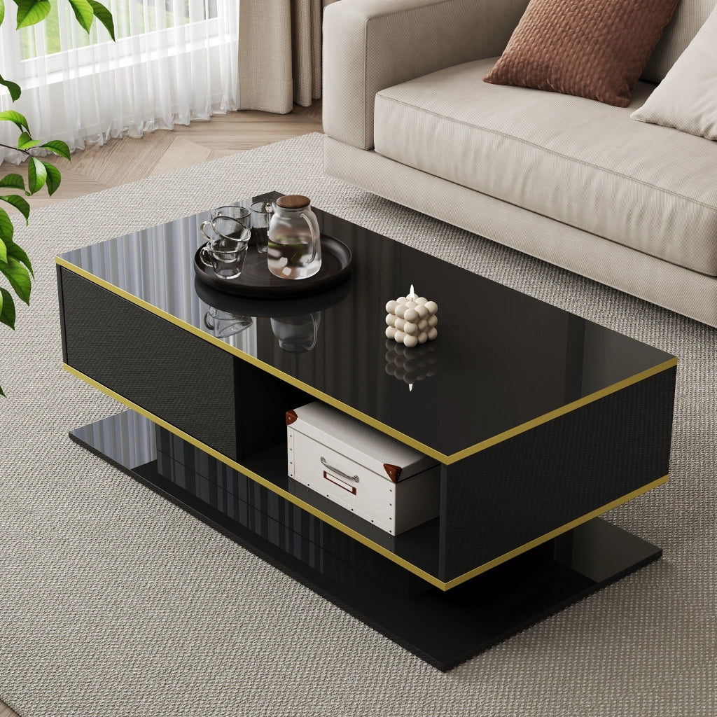 Tavolino da caff¨¨ moderno con LED, 3 cassetti, finitura lucida, nero/oro