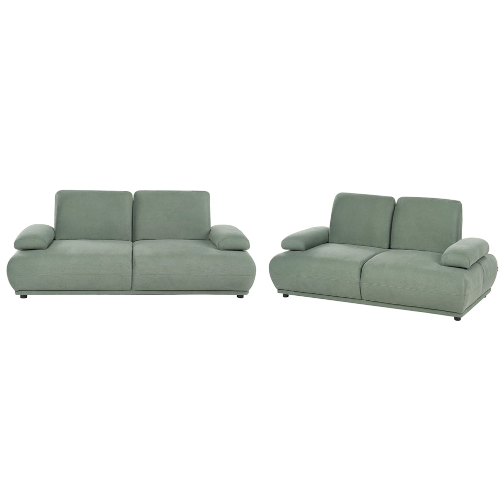 Set divano 3+2 posti rivestimento in tessuto verde chiaro gambe in legno schienale e braccioli regolabili arredamento per soggiorno