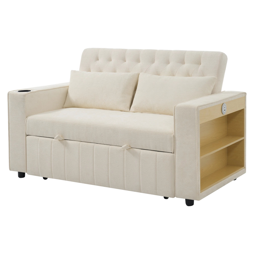 Divano letto 2 posti con schienale regolabile; porte USB; portabicchieri e 2 cuscini in ciniglia beige 140 Ã— 137 Ã— 84 cm