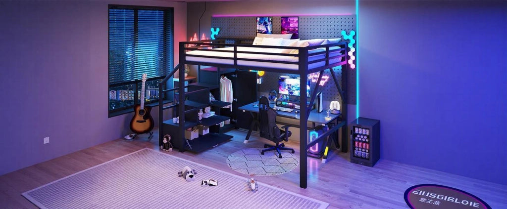 LETTO a soppalco 140x200 cm in metallo nero con LED, armadio e vani contenitore