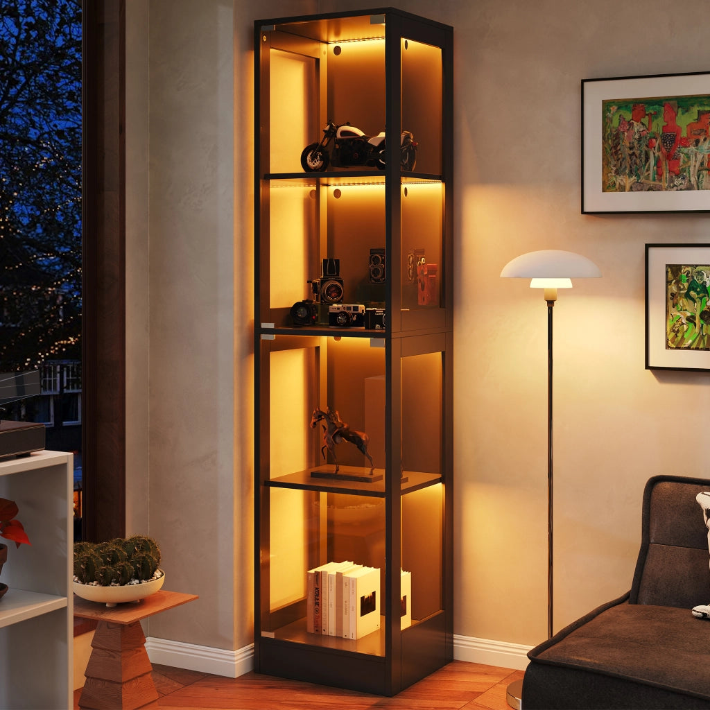 Vetrina Espositiva con LED ¨C MINIMAL ¨C Nero, Vetro Temperato, 4 Ripiani, 40x35x170