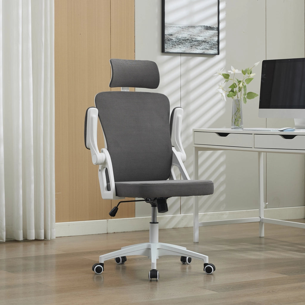 Sedia da ufficio ergonomica con Schienale in Rete, Supporto Lombare, Braccioli Ribaltabili, Grigio Imbottito