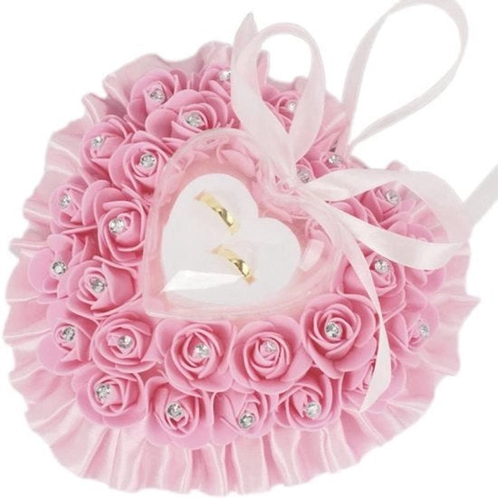 Cuscino per anelli - dono di nozze - cuore con rose - decorazione - rosa - cuscino per anelli - 18 x 19 cm - adatto per tutti i tipi di anelli