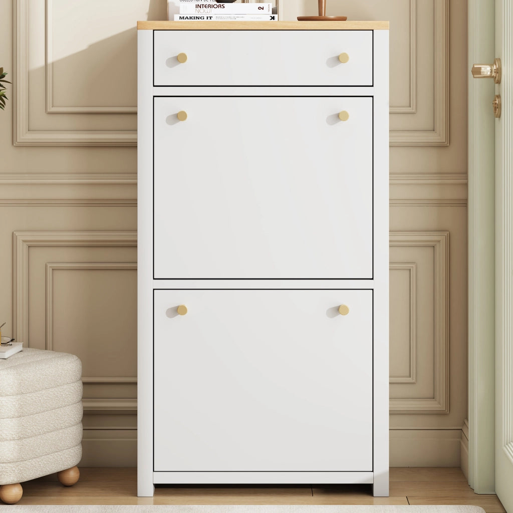Scarpiera slim a ribalta con cassetto, 2 ante e ripiani regolabili, MDF bianco effetto legno, 50 x 25 x 95 cm