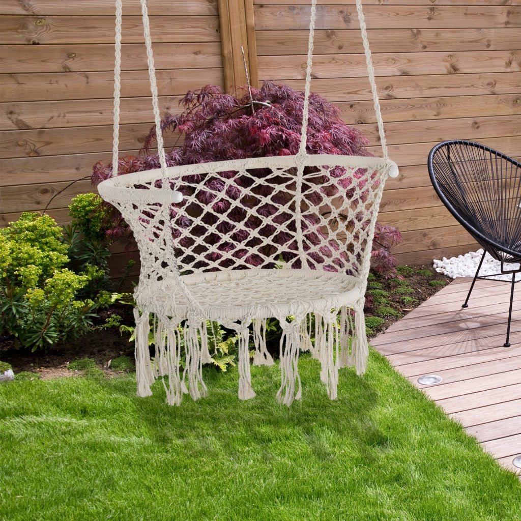 Amaca da Giardino in Stile Boho Chic, Sedia Sospesa in Poliestere e Macram¨¨ per Interni ed Esterni, Crema, 80x60x36cm