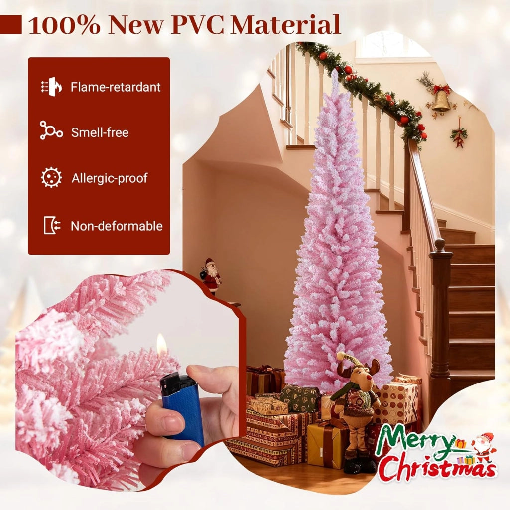 180 cm Albero di Natale Artificiale Rosa, Albero di Natale a Matita con 460 Punte di Rami Innevati e Base Pieghevole in Metallo, Albero non Illuminato per Festa e Decorazione