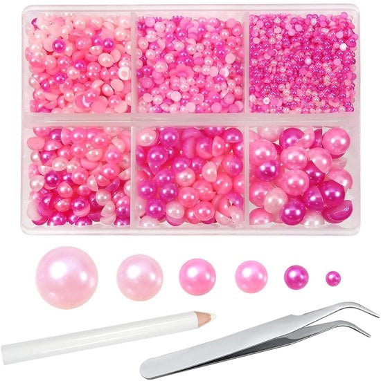 Set di Perle 5000 Pezzi - Mezza Perla - Resina - Rosa - Attività di Ricamo - Creazione di Gioielli - Scatola trasparente