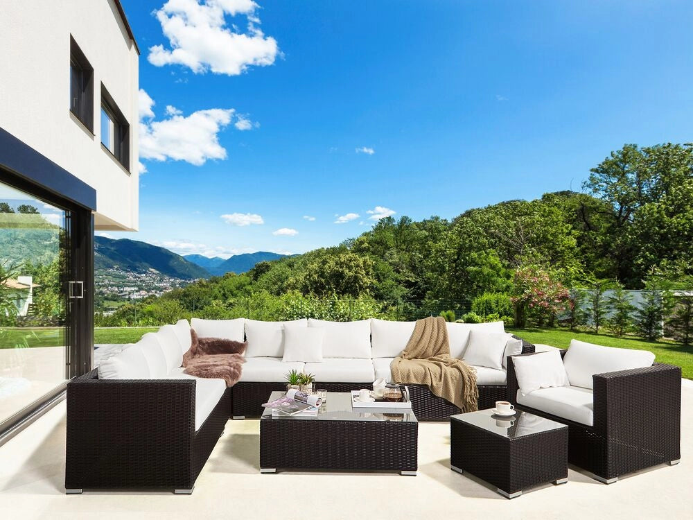 Set di divani da giardino per esterni da 8 persone Conversazione marrone con cuscini beige Divano ad angolo Poltrona Tavolino da caffè