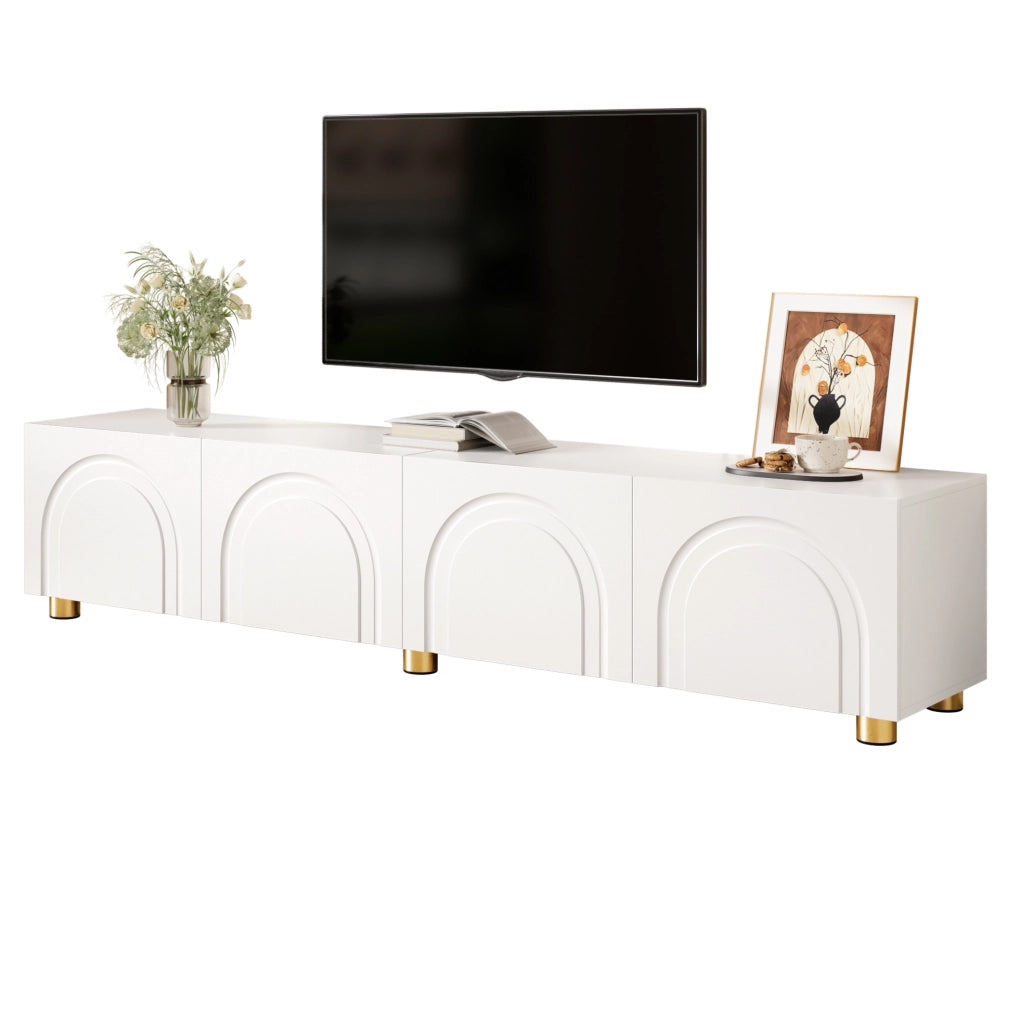 Mobile TV 180x35x40 cm con 4 ante e rilievo ad arco; MDF e pannello truciolare bianco
