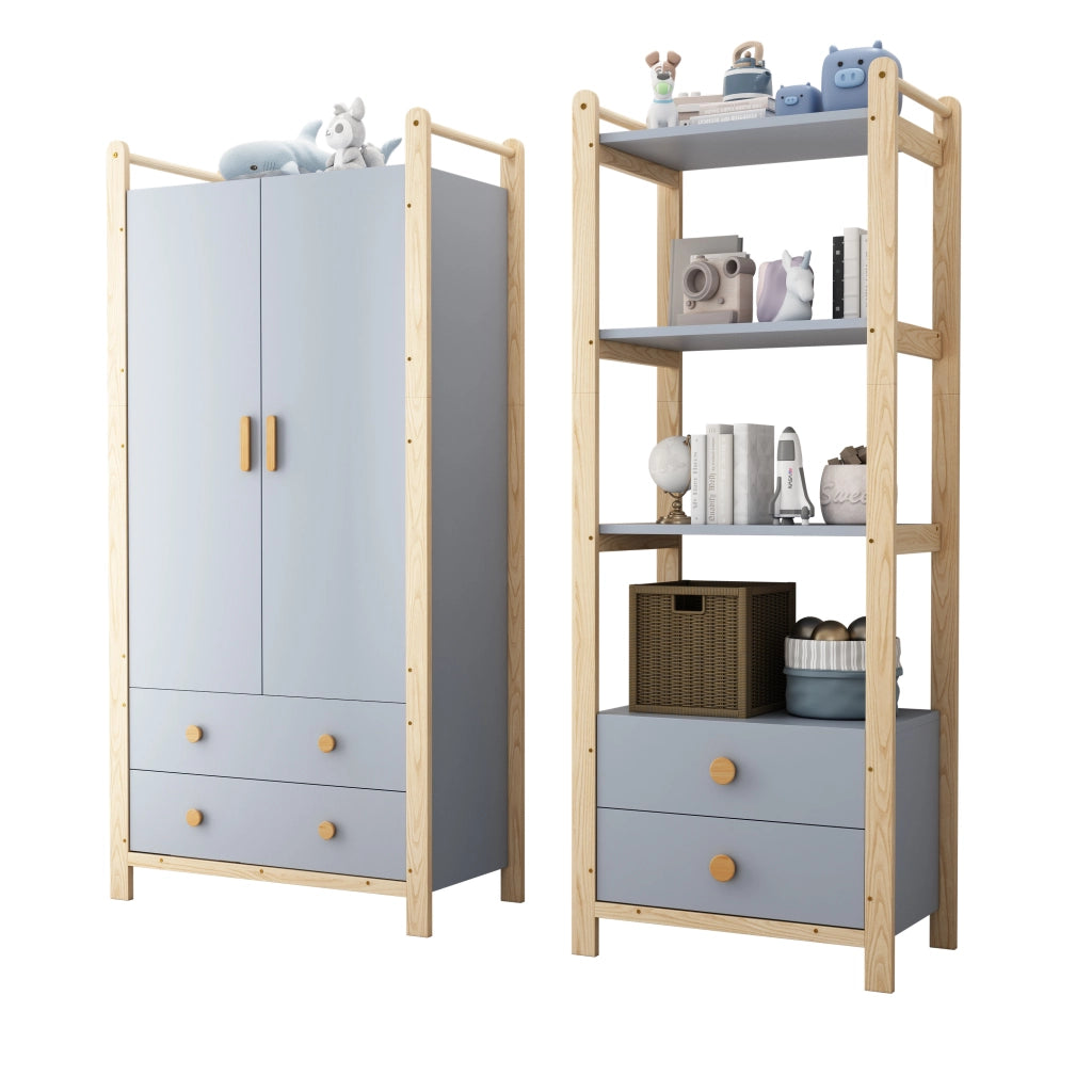 Guardaroba combinata con scaffale, barra appendiabiti e cassetti, struttura in legno e pannelli blu, h 180 cm