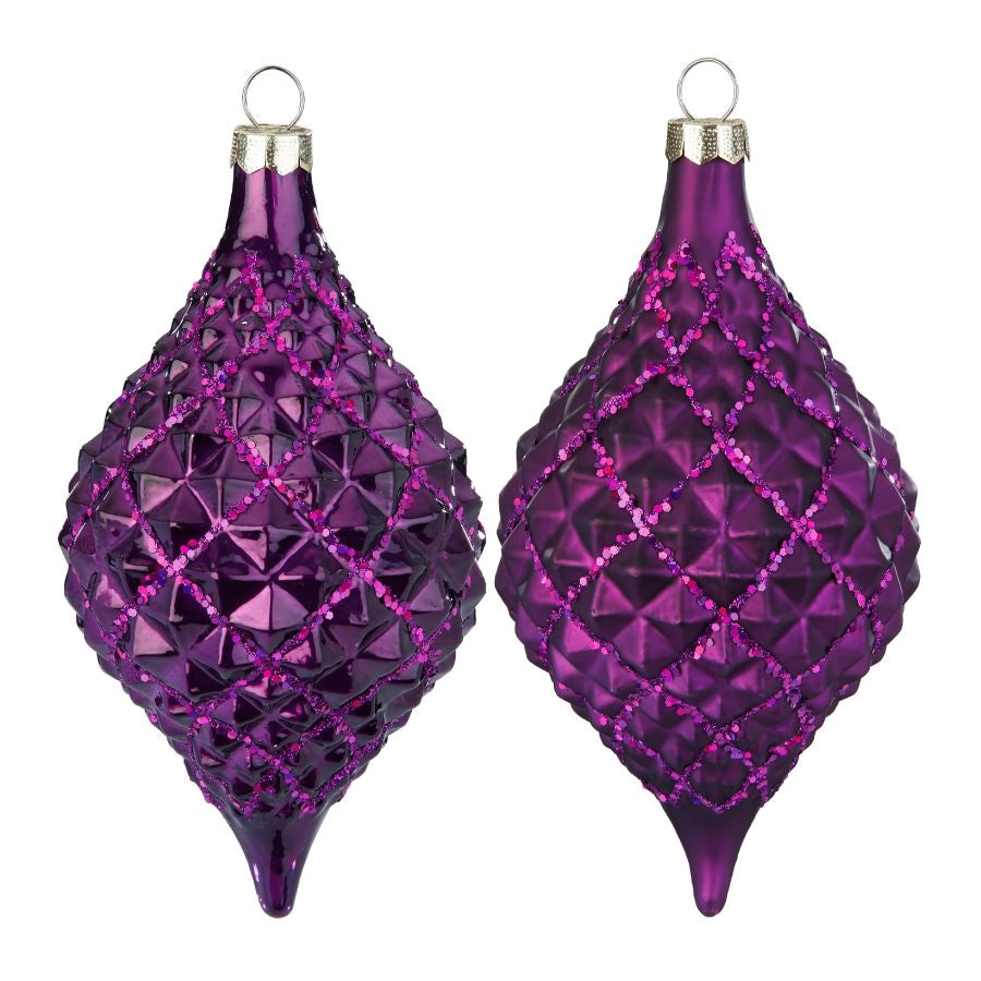 PALLINA DI NATALE IN VETRO LUNGA BUGNATA VIOLA CON GLITTER OPACO/LUCIDO CAD UNO