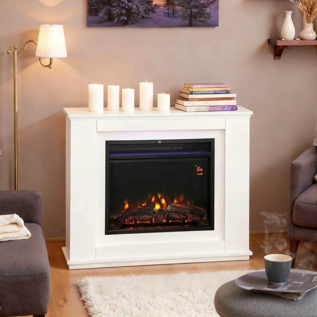 Camino Elettrico con Fiamma a 12 Colori e 5 Luminosit¨¤, Telecomando e Timer, 98x25x80 cm, Bianco e Nero