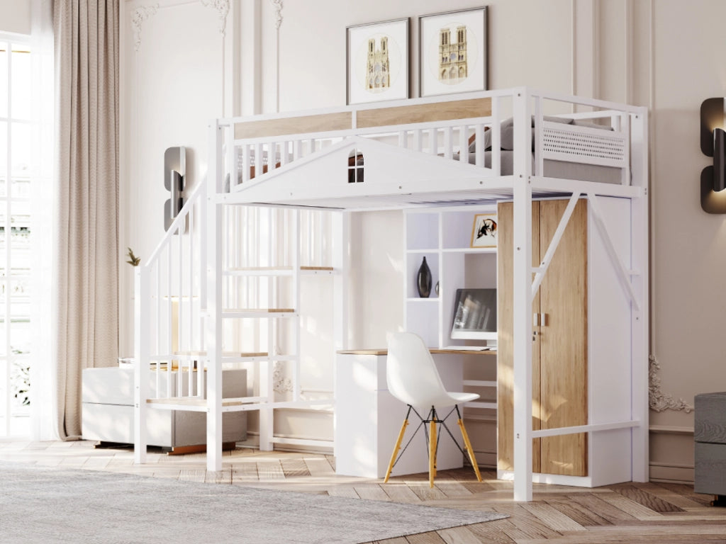 Letto a castello in metallo e legno bianco con recinzione di sicurezza e finestra 90x200 cm