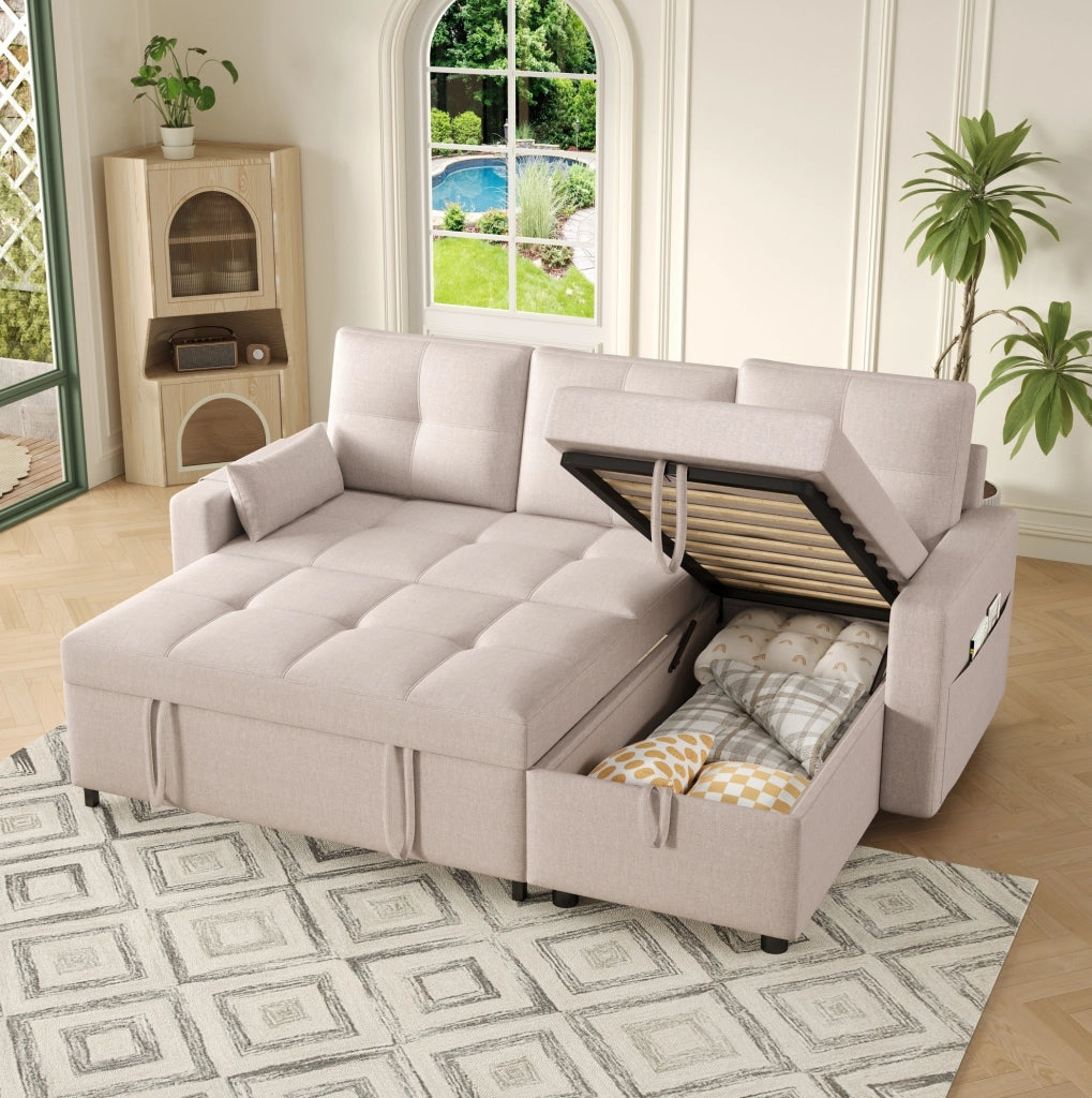 Divano letto angolare 211x136x87 cm estraibile modulare con contenitore in lino beige