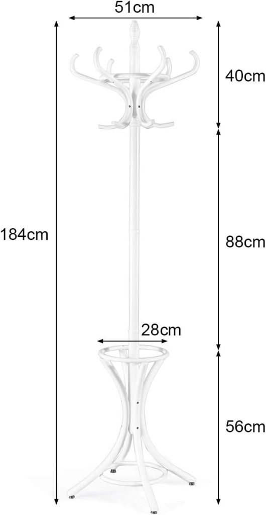 Appendiabiti da 184 cm, Scaffale per Abiti e Cappelli, Appendiabiti in Legno con 12 Ganci, Supporto per Ombrellone, Portabiti Autoportante, per Ingresso, Ufficio, Soggiorno (Bianco)