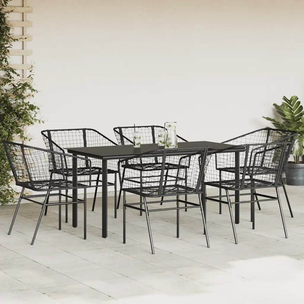 Set Pranzo da Giardino 7 pz Nero Polyrattan Vetro 3334587