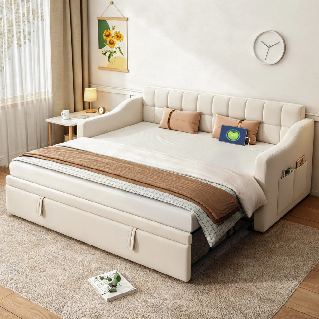 Letto divano estensibile 2 in 1 90x190/180x190 cm imbottito con USB e presa elettrica; velluto beige