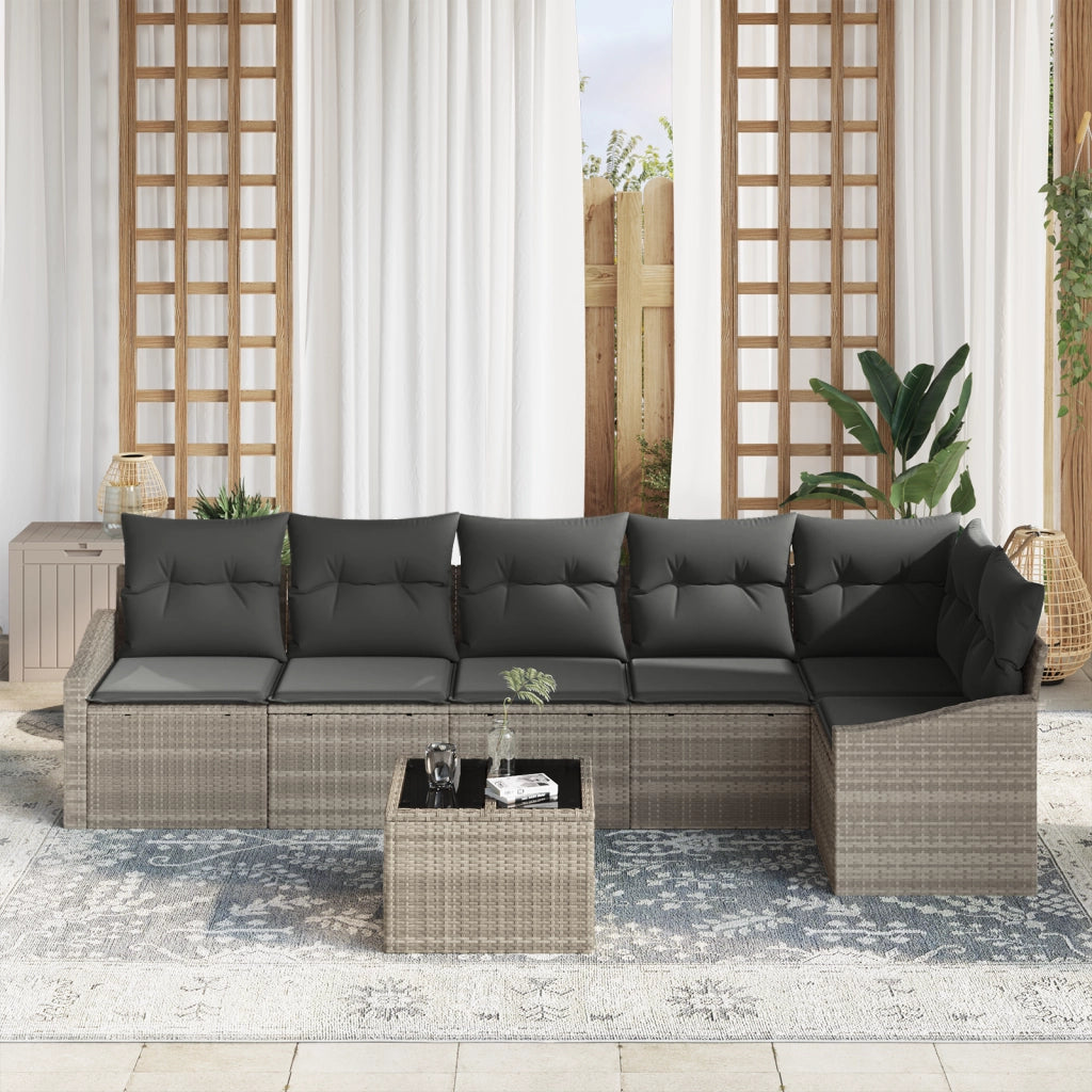 Set di divani da giardino con cuscini grigi 7 pezzi in polyrattan