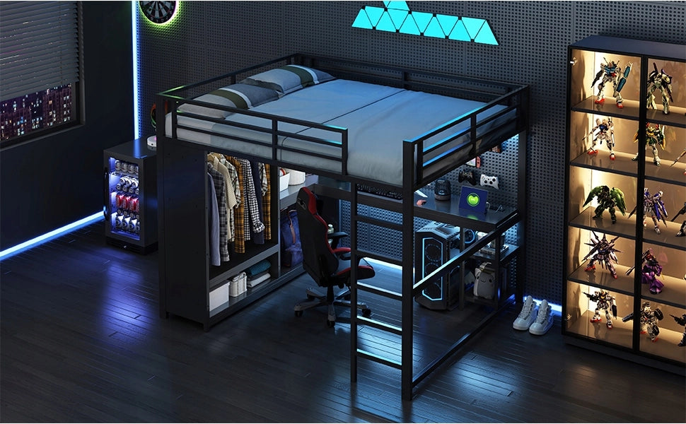 Letto gaming con scrivania e armadio - Xylo - 160x200 - Nero - Luci LED
