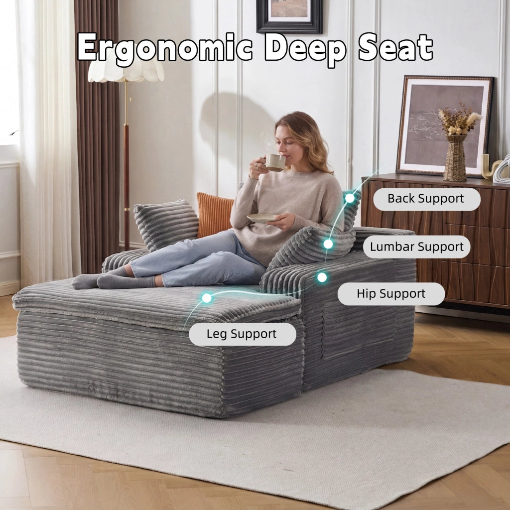 Divano chaise longue senza montaggio con portabicchieri e cuscini in velluto a coste grigio 165 × 112 × 63 cm