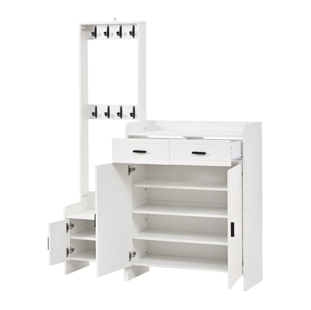 Garderobiera 125x36x165 cm con 8 ganci; 2 ante; 2 cassetti e 6 ripiani in MDF e truciolato bianco