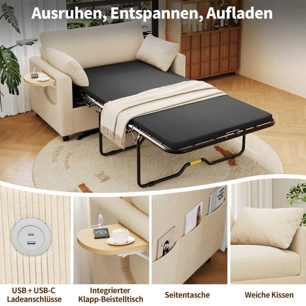Divano letto convertibile a 2 posti in tessuto a coste con tavolino pieghevole, porte USB e tasca laterale beige