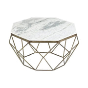Tavolino basso NEXORA 70 cm in marmo bianco e metallo finitura ottone design geometrico