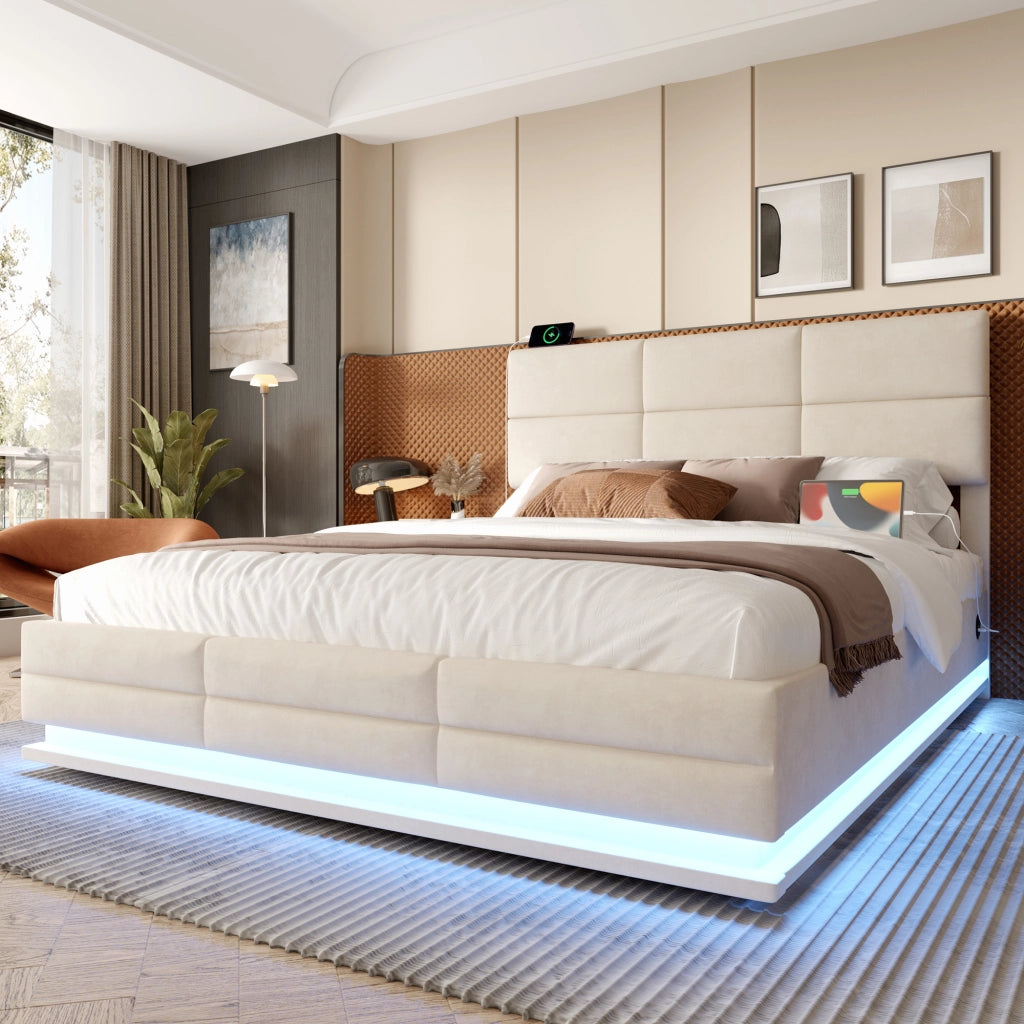 Letti contenitori 160x200 cm con LED e contenitore; velluto beige (Senza materasso)