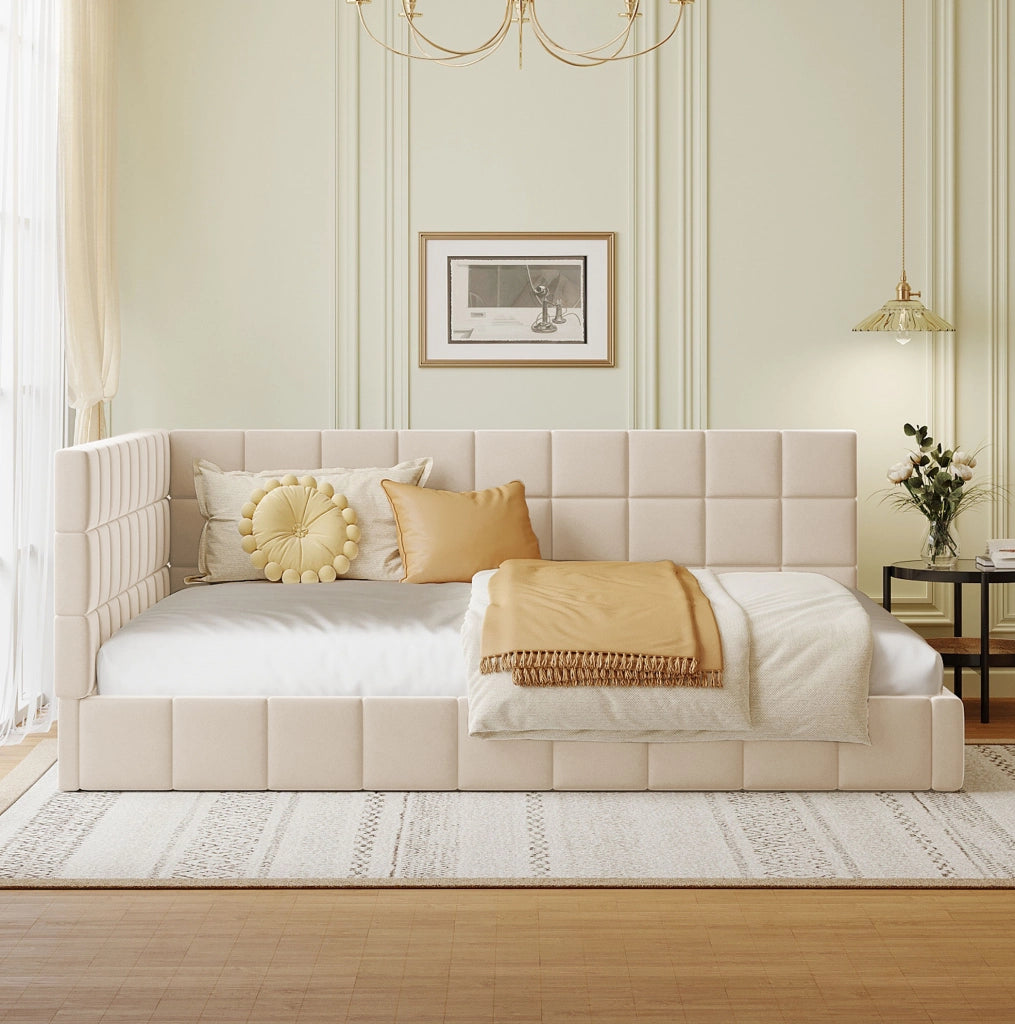 Letto da giorno 140x200 cm; design Mid-Century; tessuto beige (Senza materasso)