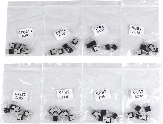 Collezione di 40 pezzi - 8 tipi - 7805 7809 7812 7815 7905 7912 7915 LM317 a 220 Transistor Assortimento Set