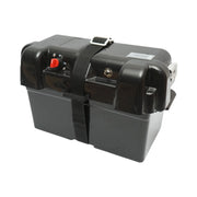 Cassetta per batteria auto 12V con voltmetro DC 6–30V, interruttore di alimentazione 100A, presa accendisigari, display LCD, 2 porte USB, 350 × 180 × 200 mm.