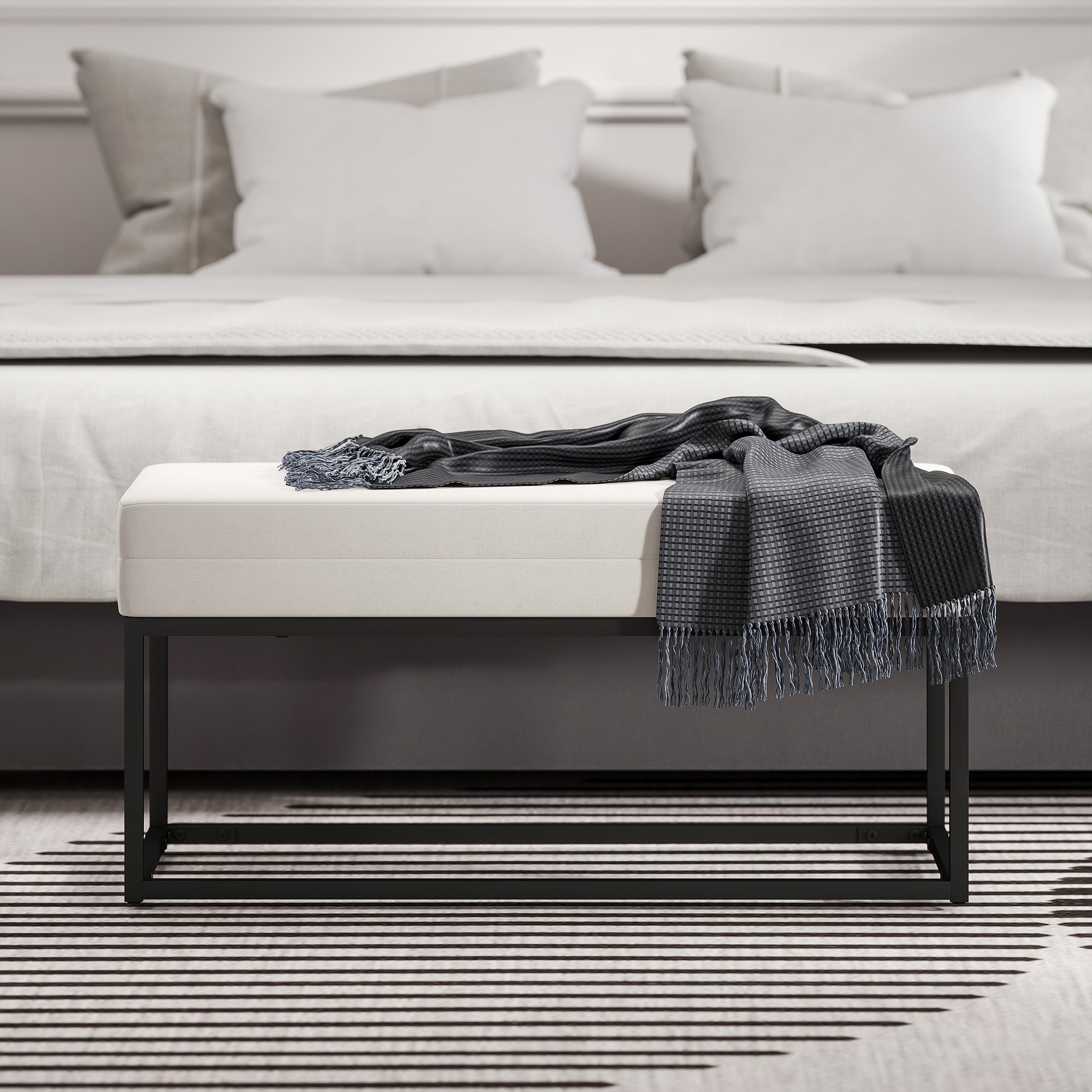 Panca da Ingresso Stile Moderno 94x42x44 cm Cuscino Alto in Tessuto Effetto Velluto Crema