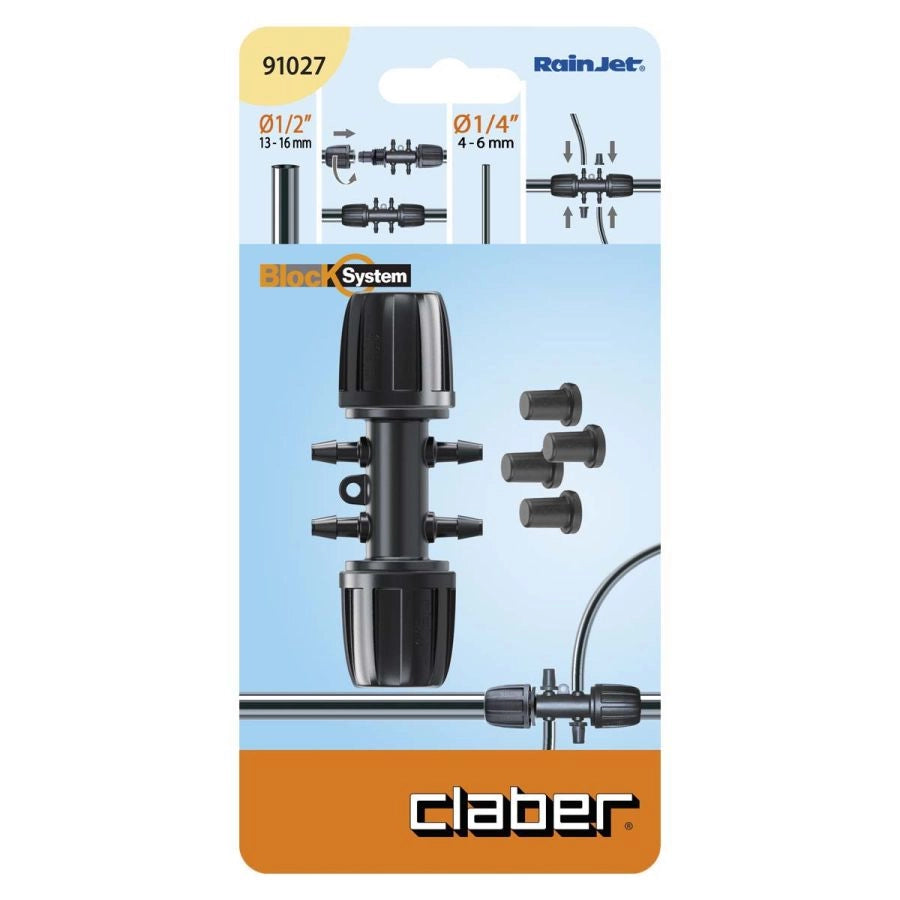 RACCORDO PER MICROIRRIGAZIONE 1/2 POLLICE CON 4 USCITE PER TUBO 1/4 POLLICE CLAR
