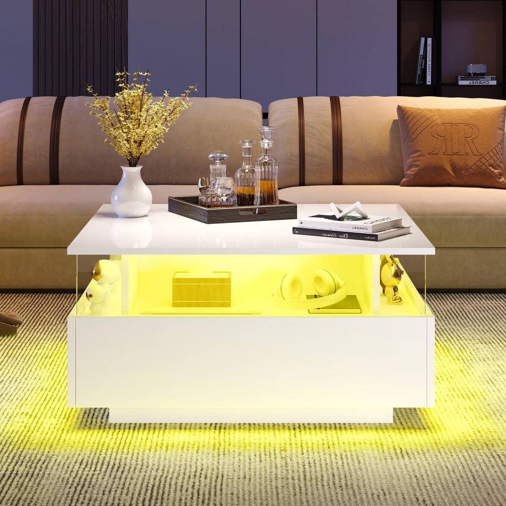 tavolino basso moderno con LED, due cassetti e area trasparente in truciolare bianco per soggiorno