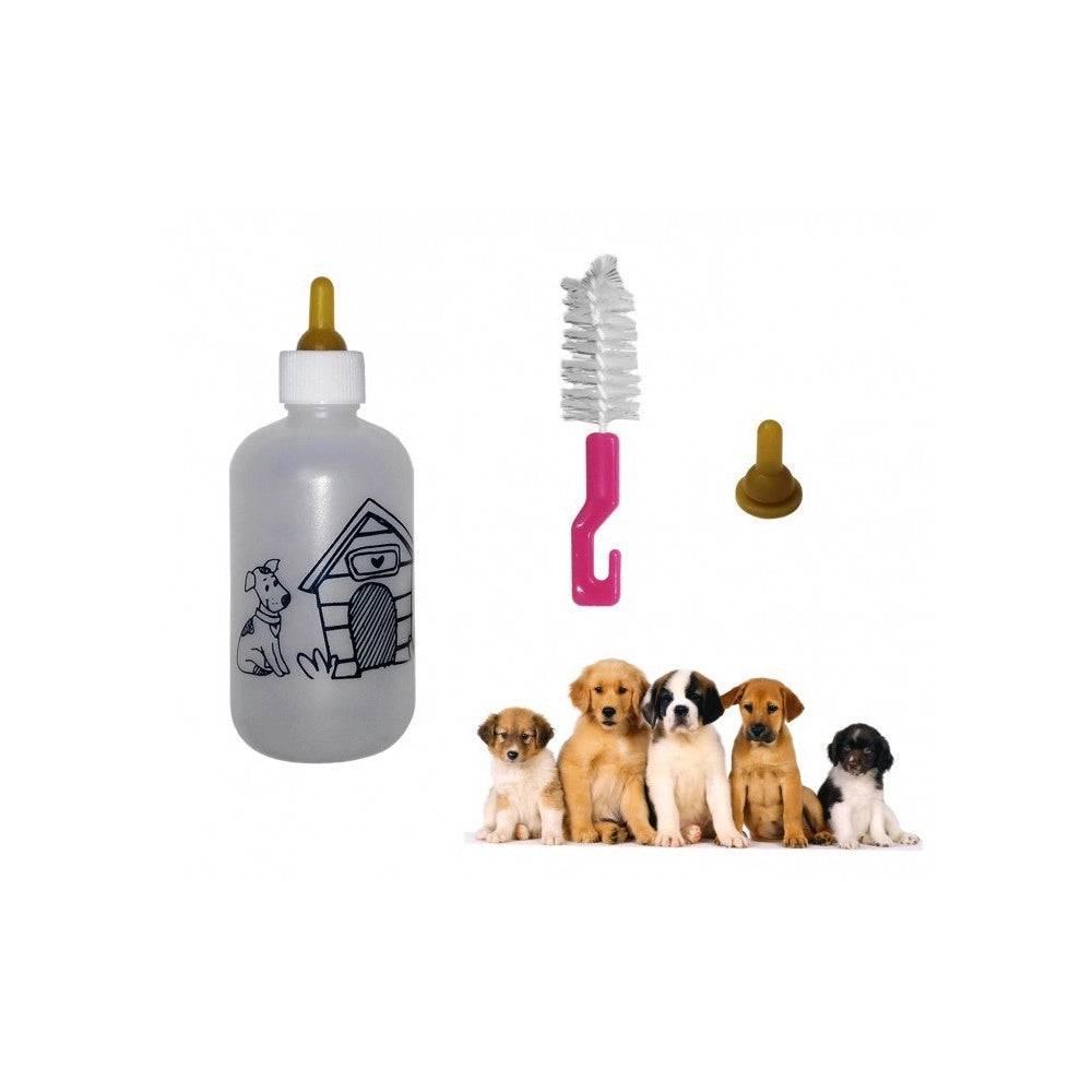 Trade Shop - Biberon Per Cuccioli Cane E Gatto 120ml Con Doppia Tettarella E Spazzola Pulizia -