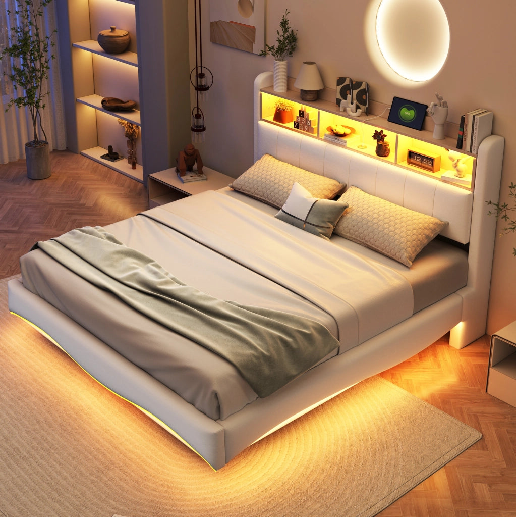 Letto imbottito sospeso 160x200 con LED; USB e Type-C; contenitore testiera; beige