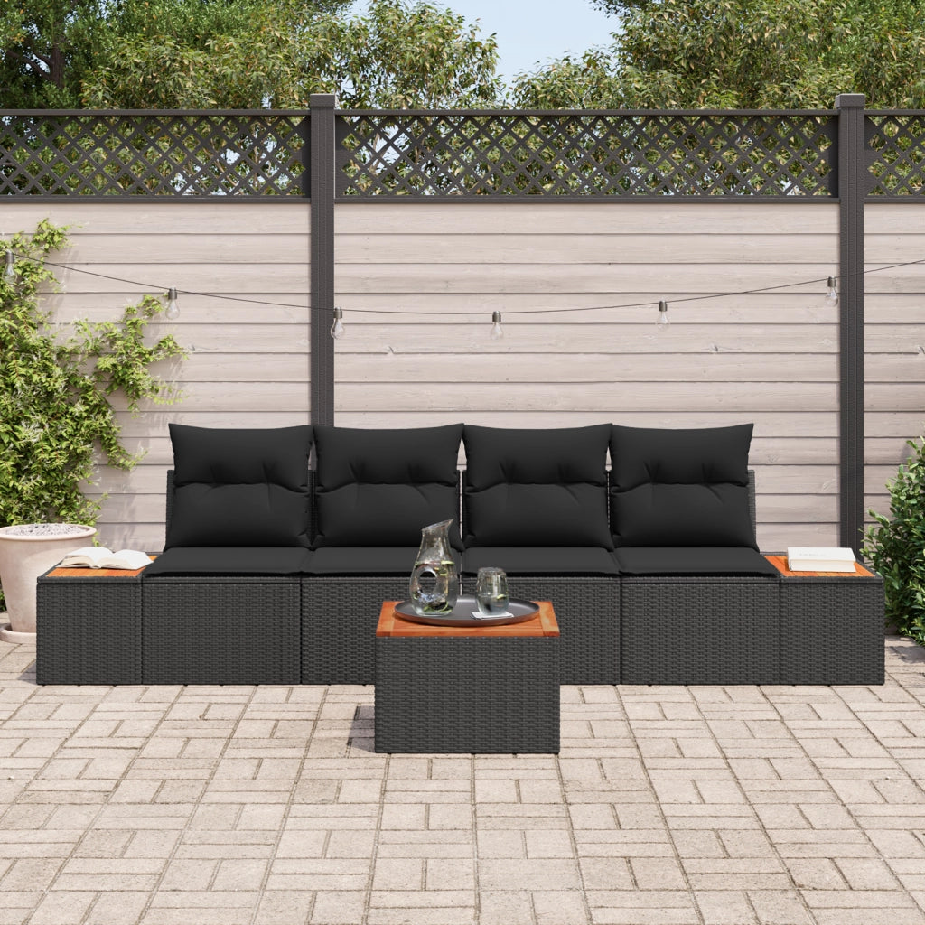 Set di divani da giardino 5 Pezzi con Cuscini Nero Polyrattan Acacia